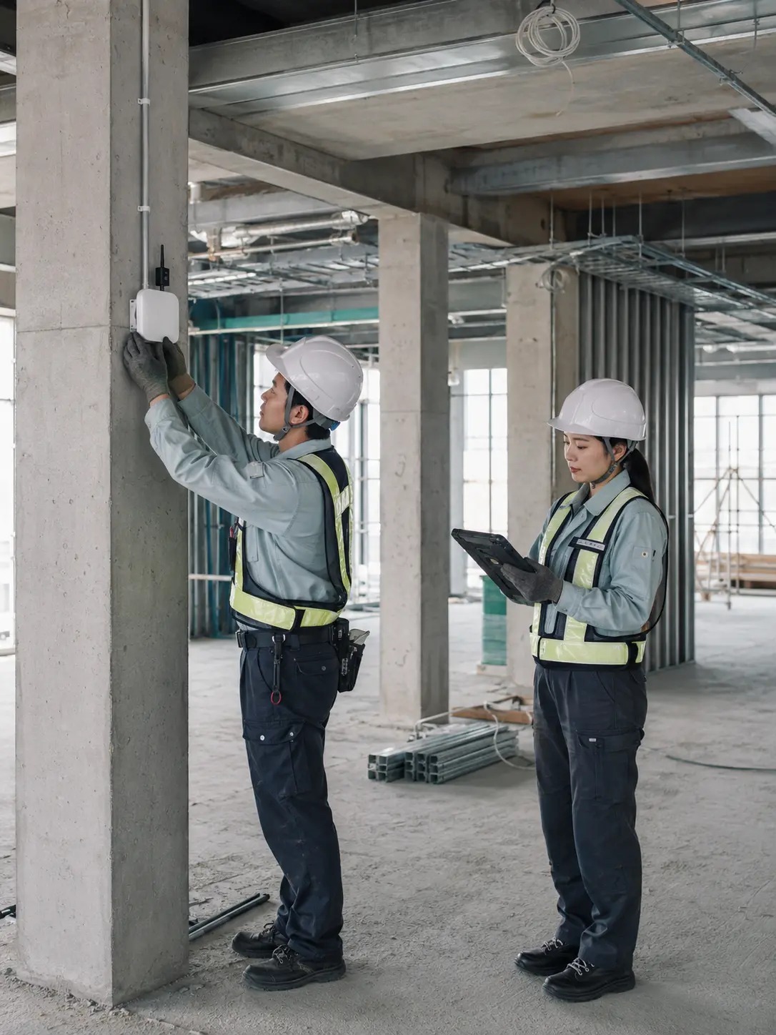 建築現場でIoT機器を設置し動作確認する日本人技術者