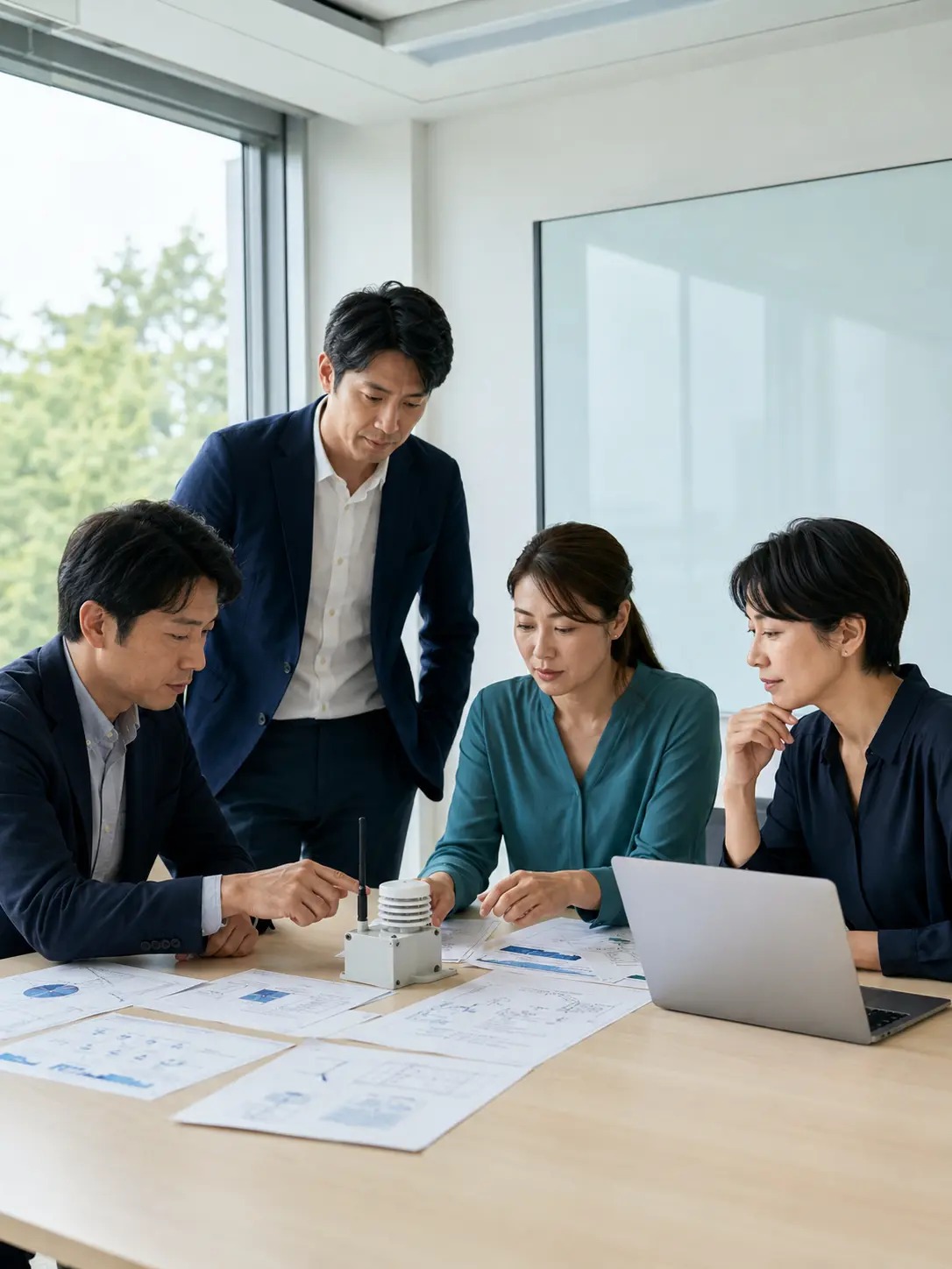 会議室でIoTとAIの実験計画を検討する日本人チーム
